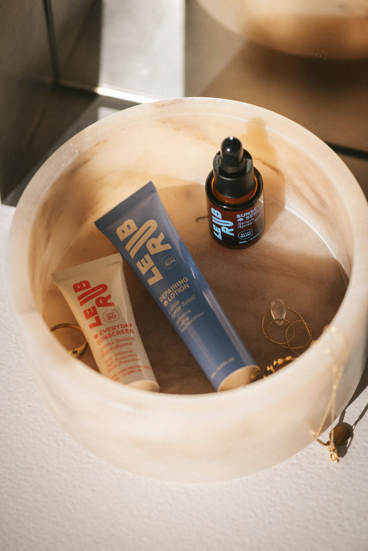Three skincare products in a beige container on a white surface.