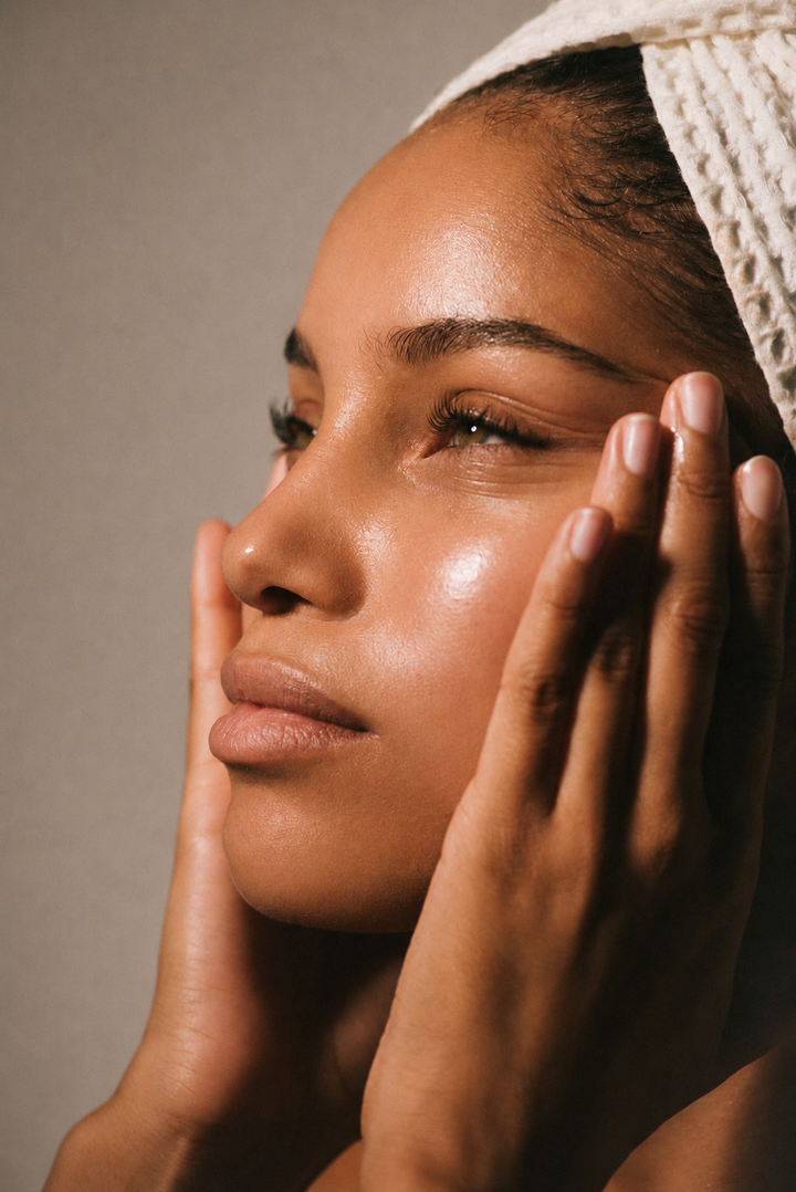 Woman with a towel on her head touching her face against a neutral background